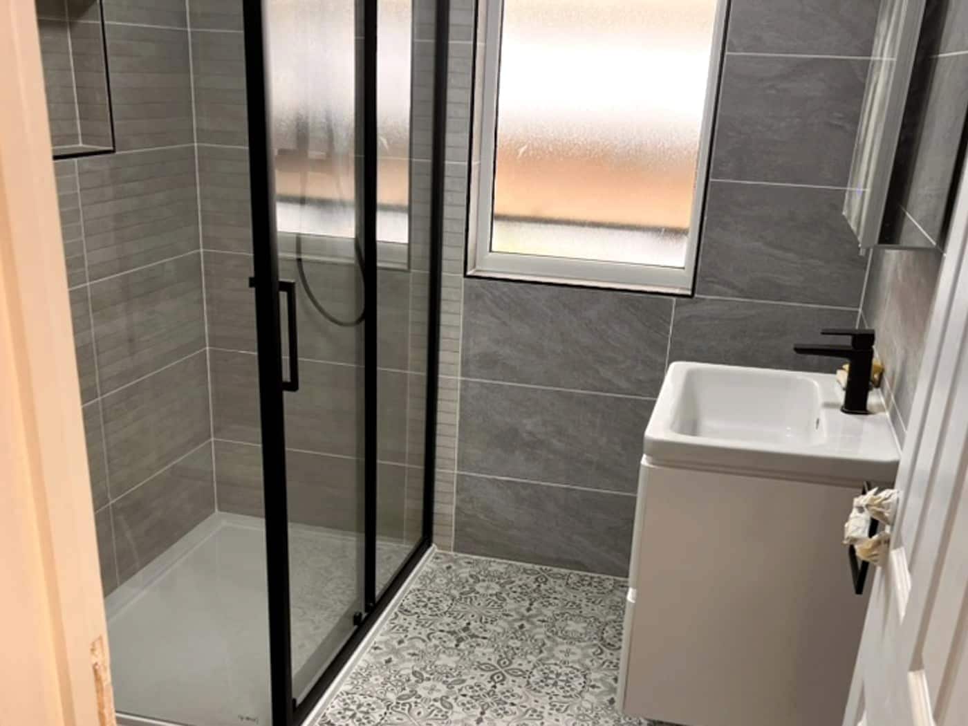 Loft bathroom with walk-in shower, Chigwell